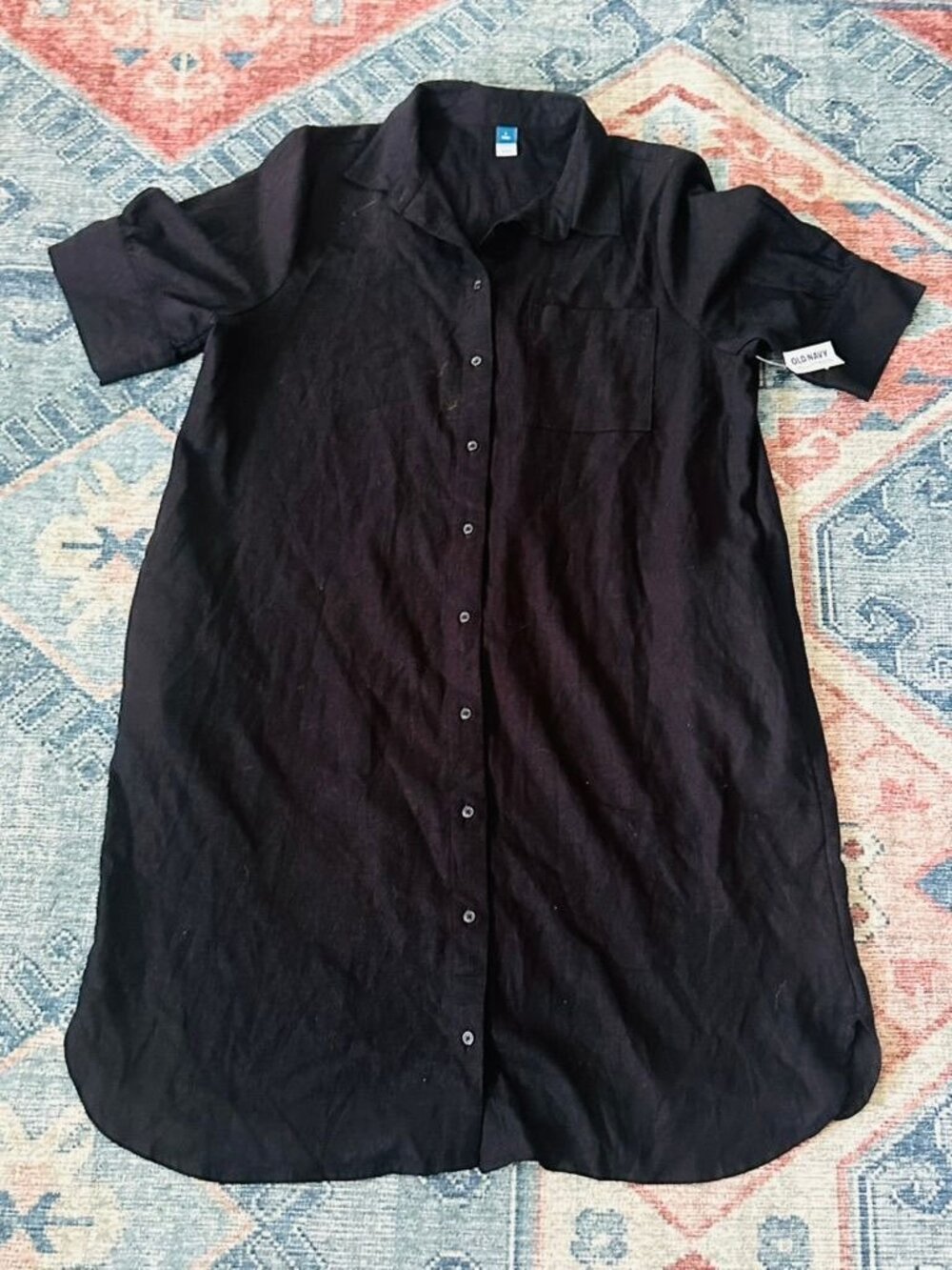 NWT Old Navy Black Linen Blend Button-Down Shirt Dress L Tall 3/4 Sleeves Coasta